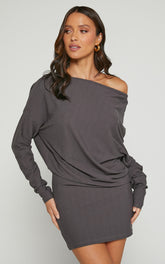 Fermina Mini Dress - Long Sleeve Bodycon Dress in Charcoal Rib
